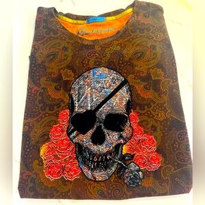 Robert Graham Brown and orange Paisley and skull XXL men’s T-shirt
